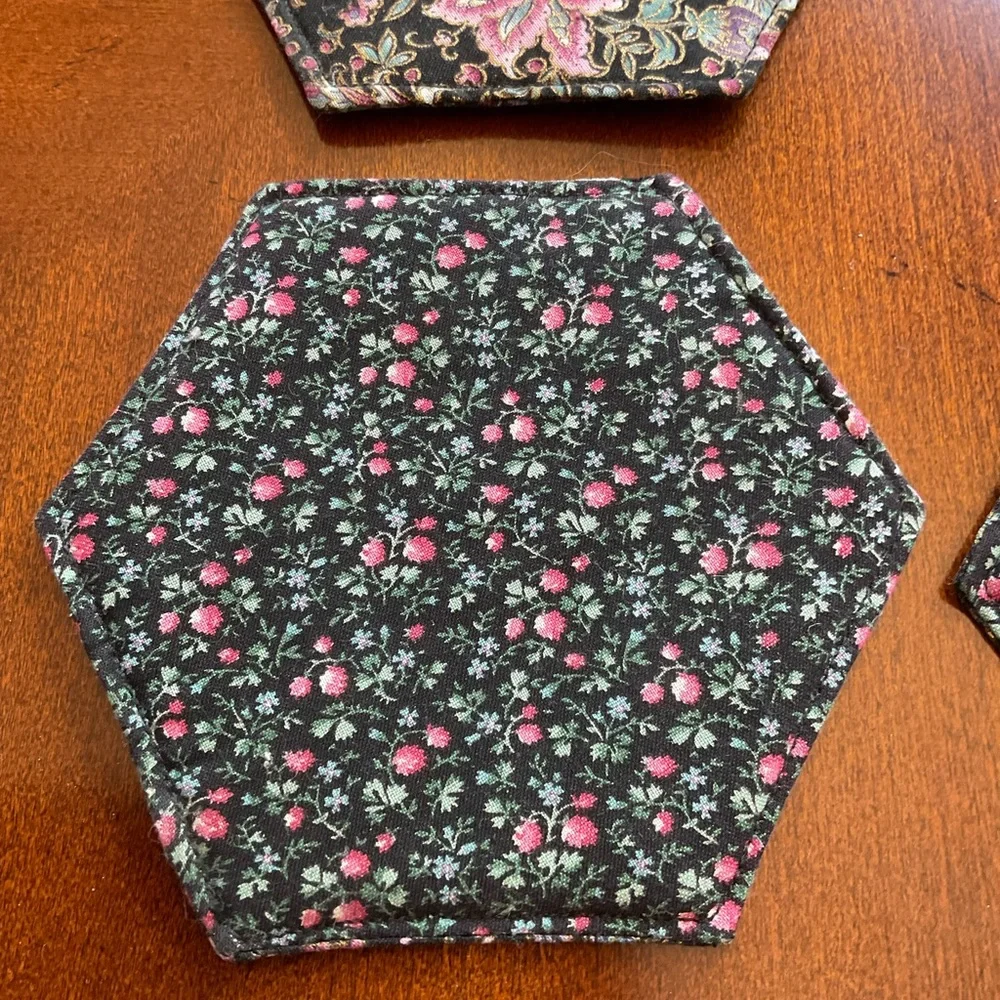 Hand Quilted Floral Hexagon Coasters Two Sided Designs, Set of Six, GORGEOUS NEW